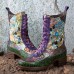 Socofy Women Retro Floral Embroidery Printing Leather Comfy Chunky Heels Mid  calf Boots