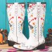 Women Floral Sweet Embroidery Leather Pointy  toe Chunky Heel Mid  calf Knight Boots