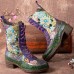 Socofy Women Retro Floral Embroidery Printing Leather Comfy Chunky Heels Mid  calf Boots