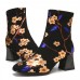 SOCOFY Fashion Flowers Printed Suede Warm Lined Elastic Slip On Chunky Heel Short Boots