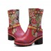 Socofy Women Retro Floral Printing Leather Soft Comfy Chunky Heels Mid  calf Boots